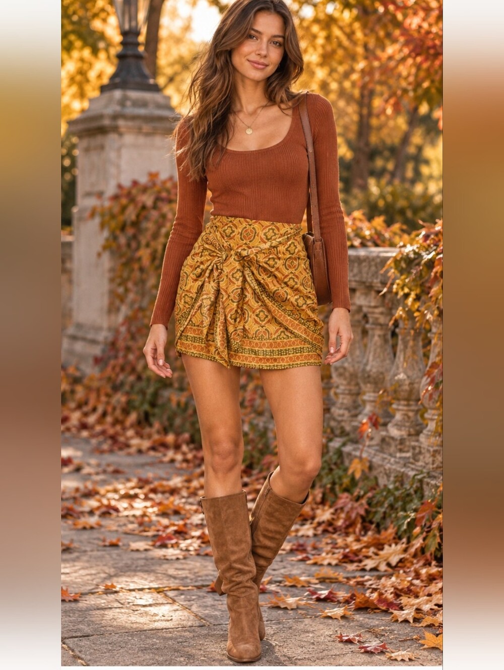 Free People Size 8 Boho Sarong Mini Skirt Mustard Rust Tie Front
